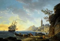 A Coastal Scene with a Lighthouse on the Cliffs and Fishermen