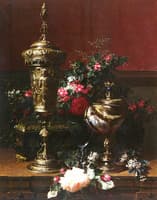 A Still Life with a German Cup, a Nautilus Cup, a Goblet and Cut Flowers