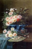 Flowers, Fan and a Glass on a Draped Table