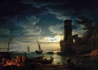 Night, Mediterranean Coast Scene with Fishermen and Boats