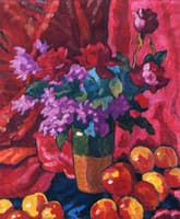 Vase of Flowers with Red Drapery