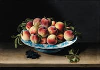 Peaches in a Blue and White Ming Porcelain Bowl on a Table