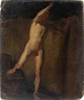 Standing Male Nude, Raised Right Arm, Right Foot Resting on Blocks