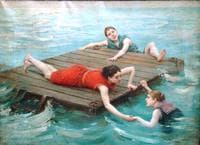 Girls Swimming From A Raft