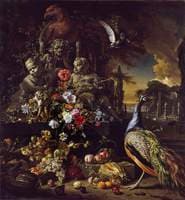 Flowers on a Fountain with a Peacock