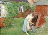 Scene from garden in Båstad, girl fetching water