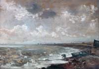 Seashore with Fishermen near a Boat