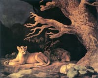 Lion and Lioness Resting at the Mouth of a Dark Cave