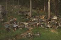Part Of A Wood With Girl, Boy And Cows