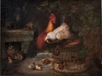 Rooster, hen, chicks and cat