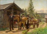 Two men and a boy with a horse carriage