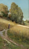 Autumn Landscape with Woman in a Cornfield