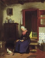 Kitchen Interior with Woman and Chickens