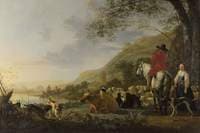 A Hilly Landscape with a Horseman Talking to a Shepherdess