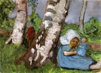 Child with Doll Sitting on a Birch Trunk