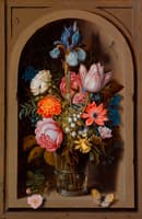 A Still Life of Flowers in a Glass Beaker set in a Marble Niche