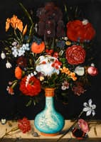 Still Life of Roses, Marigolds and Other Flowers in a Wan-Li Kraak Porcelain Vase