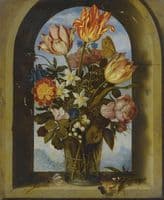 Still Life of Tulips, Moss-Roses, Lily-of-the-Valley and other Flowers in a Glass Beaker