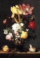 Flowers in a decorative vase, flanked by a shell and marigold, on a stone plinth