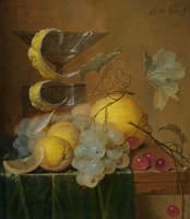 Still Life with a Wine Glass, Lemon Peel, Peaches, Grapes and Cherries