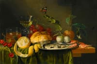 Still life of a Glass of Wine with Grapes, Bread, a Glass of Beer, Fruit, etc.