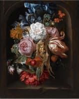 A Still Life of a Corncob, Roses, a Parrot Tulip, Irises, etc.