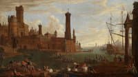 Southern seaport with numerous figures
