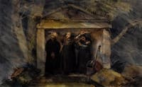 Monks sheltering from the rain in a tomb
