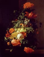 A vase of flowers on a stone slab