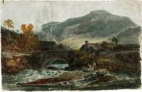 A Single-Arched Stone Bridge and a Cottage, with possibly Aran Fawddwy Behind