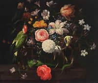A Still Life with a Rose, a Snowball, Tulips, Marigold, etc., with two Green Lizards