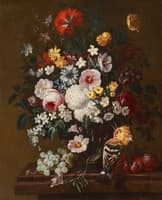 A Still Life with Flowers in a Glass Vase with a Hoopoe, Plums and a Bunch of Grapes
