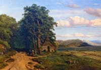 Two Figures on a Country Road Next to a Cottage