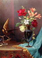Vase of Mixed Flowers with a Dove
