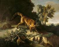A Fox Stalking a Brace of Partridges