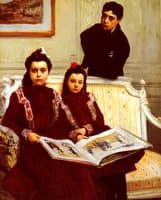 Family Portrait of a Boy and his two Sisters admiring a Sketch Book