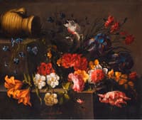 A Tulip, Roses, Dahlias, Peonies, Campanula, Orange Blossom on some Steps