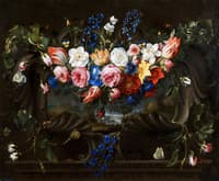 Garland of flowers in a cartouche with a landscape behind