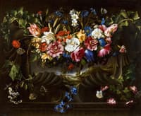 Garland of flowers in a cartouche with a landscape behind