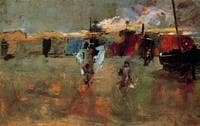 Beach Scene with Shacks and Boats