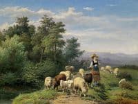 Shepherdess and Flock in an Open Landscape