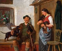 The Dachshund family with hunters and maid