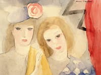 Two Blond women with Red Curtain