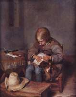 A Boy Fleaing His Dog