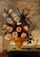 Still Life of Iris, Lilies, Roses and Carnations in Elaborate Urn
