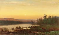 Twilight with Deer at Lake's Edge