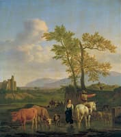 A Horseman at a Ford, Asking the Way of a Herdswoman, in an Italianate Landscape