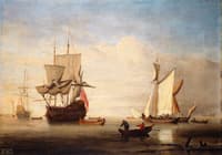 A Calm:  An English Three-Decker Drying Sails with Two Galliots near Her