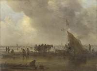 A Scene on the Ice by a Drinking Booth; a Village in the Distance