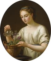 A Young Woman, Watering a Pot of Flowers